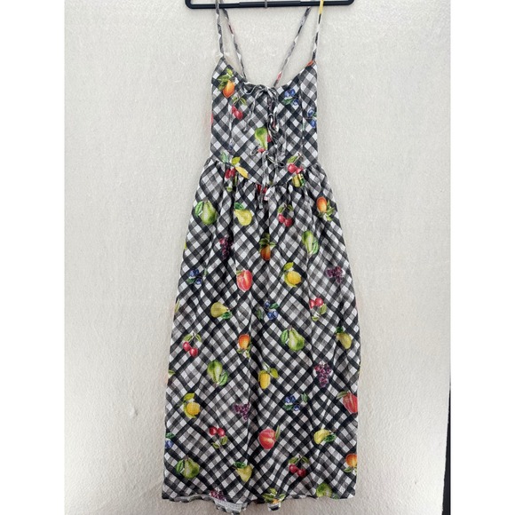 Dresses & Skirts - Unbranded - Midi Dress Gingham Fruit Print Lace Up - Black - M - Women
